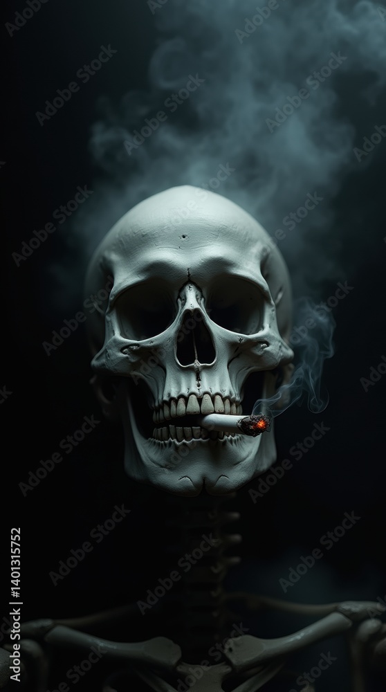 Skeleton face close-up with a cigarette dangling from the mouth, surrounded by dense smoke, highlighting death and addiction Skeleton face close-up with a cigarette dangling from the mouth, surrounded by dense smoke, highlighting death and addiction
