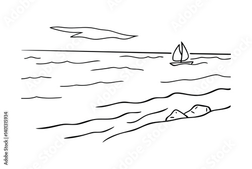Minimalist Line Art Seascape With Sailboat Rocks And Cloud Silhouette