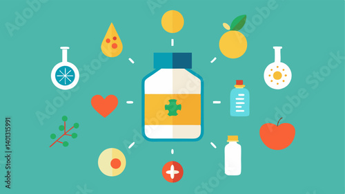 Key Ingredients Small icons representing key ingredients such as peptides vitamins and antioxidants radiating from the serum bottle emphasizing their role in enhancing the formula.