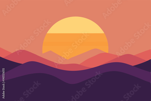 glowing sun peeking behind misty hills at dawn vector