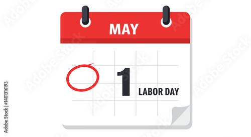Calendar illustration showing May first with a red circle and flat vector art