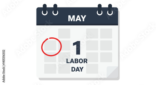 Calendar illustration showing May 1st with Labor Day marked in flat vector art