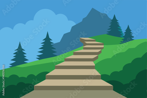 hillside trail with rocky steps in forest vector