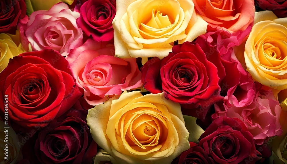 Naklejka premium Realistic close-up of red, pink, yellow and white roses, arranged naturally