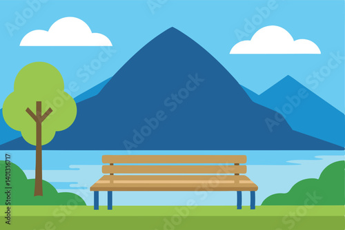 lakeside bench under tree with mountain backdrop vector