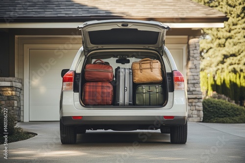 A family SUV with the trunk open, packed with luggage, ready for an adventurous road trip, set against the backdrop of a home driveway.