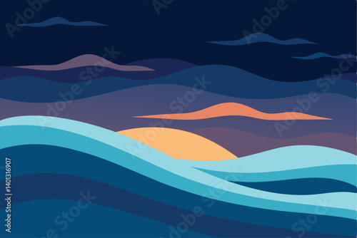 long exposure ocean waves at dusk scene vector illustration