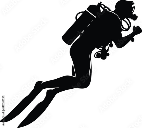 Silhouetted Illustration of a Scuba Diver Equipped with a Mask, Tank, and Fins