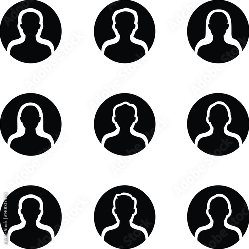 Grid of Nine Black Circular Icons Containing White Silhouettes of Generic Human Profiles