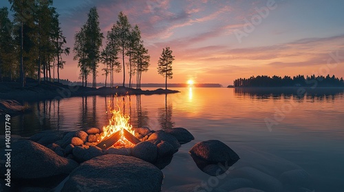 A serene scene of a campfire burning brightly on a ring of rocks in the middle of a calm lake, with the silhouettes of trees on the far shore and the soft glow of dusk in the sky.