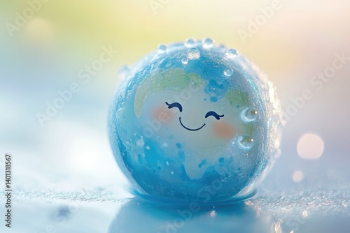 A happy Earth globe covered in water droplets, symbolizing the importance of preserving our planet's water resources.