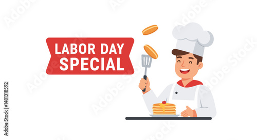 Chef preparing pancakes in flat and colorful design for Labor Day vector art