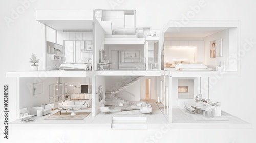 Modern Two Story House Architectural Model White Minimalist Interior Design