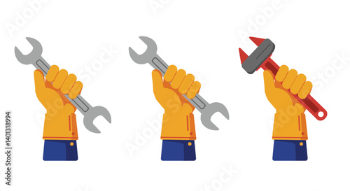 Hand holding tools in sequence detailed vector illustration showcasing wrench and adjustable pliers vector art