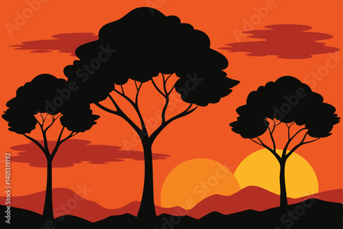 silhouettes of trees under vibrant orange sunset sky vector