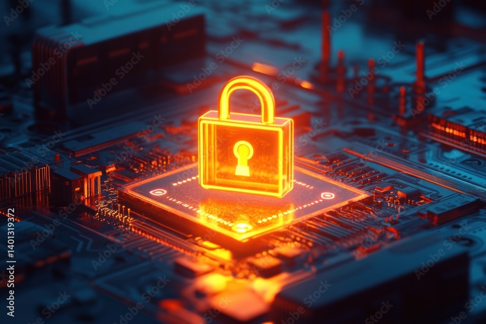 A digitally illuminated golden padlock on a circuit board, symbolizing data security in a vibrant neon glow.