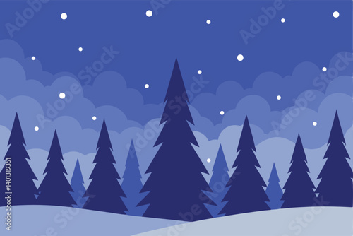 snow falling on pine forest in twilight vector illustration