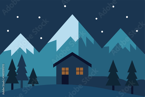 snowfall over mountain cabin in silent forest vector