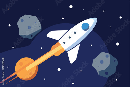space shuttle flying past asteroid belt vector illustration