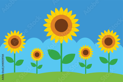 sunflowers in field with blue summer sky vector illustration