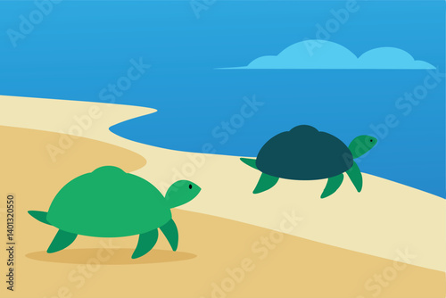 turtles on beach walking toward ocean waves vector