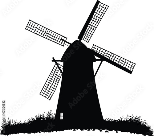 Silhouetted Illustration of a Traditional Windmill with Four Grid-Patterned Blades