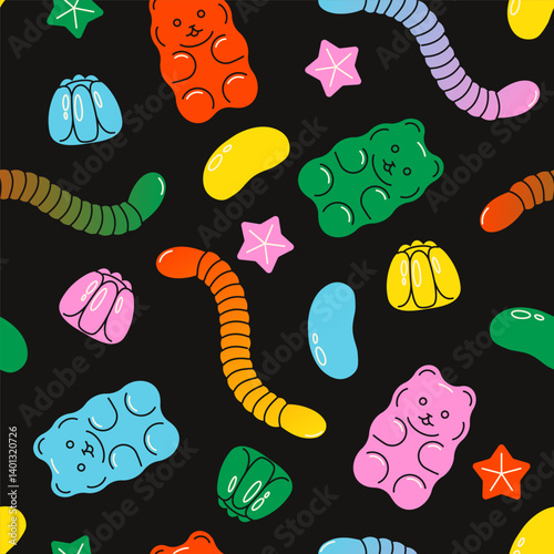 Gummy candy pattern. Seamless print of jelly bears, worms, beans, fruits, star, colorful sweet fruity dessert of gummy chewing candies different shapes. Vector cartoon texture