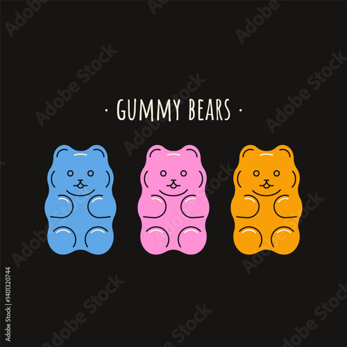 Gummy bears. Sweet teddy bear kids jelly candy, colorful sugar chewing dessert, cute delicious fruit flavors gelatin sweet snacks bear toy shape. Vector cartoon set