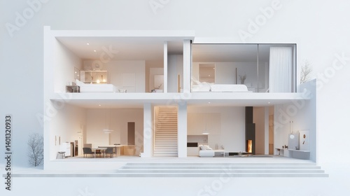 Modern Two Story House Architectural Visualization, Minimalist Interior Design, Cutaway View