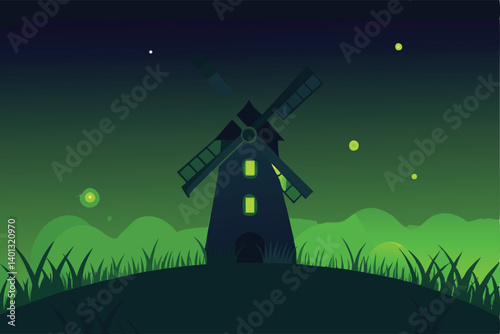 windmill in fantasy field of glowing grass vector