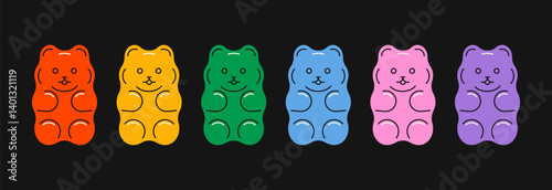 Gummy bear set. Sweet teddy bears kids sweet jelly candy, cute colorful sugar chewing dessert, delicious fruit flavors gelatin snacks bear toy shape. Vector cartoon collection