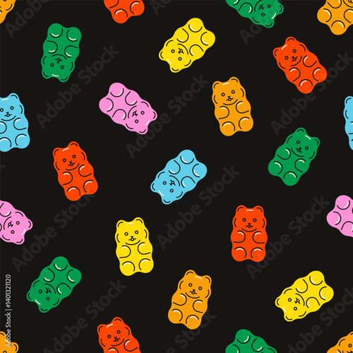 Gummy bear pattern. Jelly bears seamless print, colorful sweet gelatin candy, cartoon cute children sweets background for wrapping packaging design. Vector endless texture