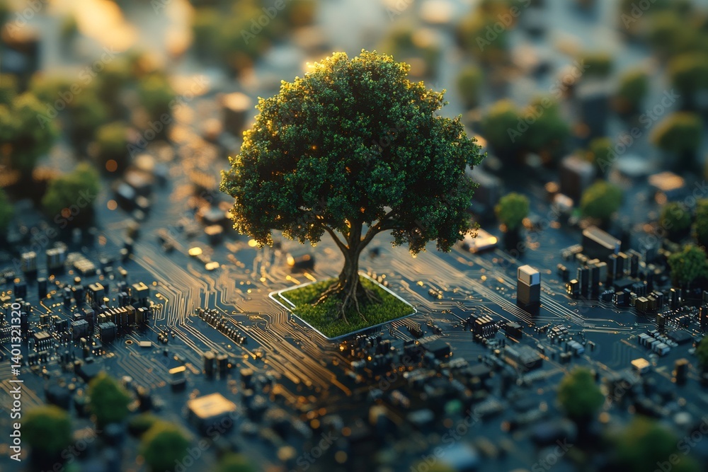 Green computing, lush tree growing on computer motherboard symbolizing sustainable technology