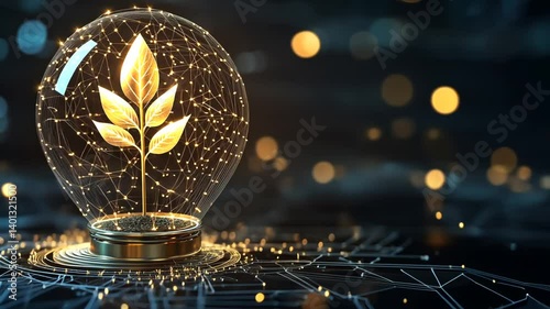 Innovative sustainable technology: A glowing plant inside lightbulb, representing growth