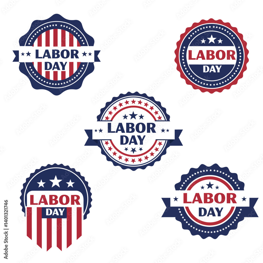 Labor Day badge designs featuring red, white, and blue colors in a flat vector illustration Labor Day badge designs featuring red, white, and blue colors in a flat vector illustration