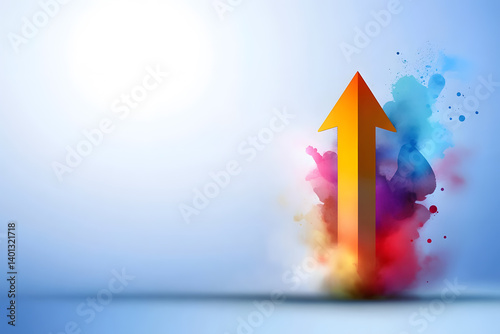 A colorful explosion of paint with a single orange arrow pointing upwards