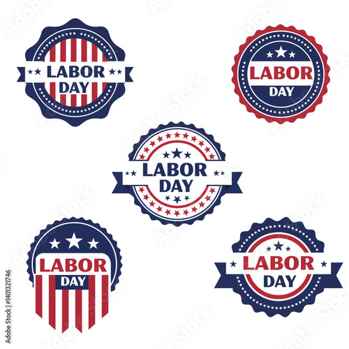Labor Day badge designs featuring red, white, and blue colors in a flat vector illustration