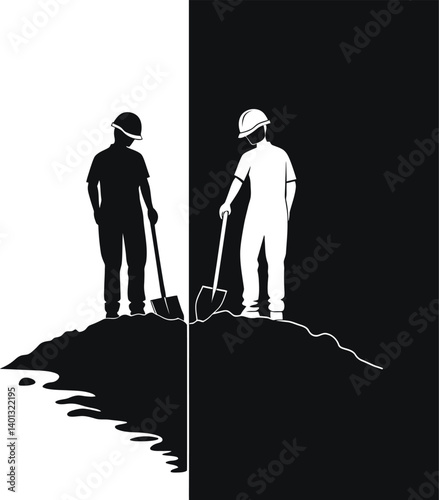 Black and White Split Illustration of Two Construction Workers Digging