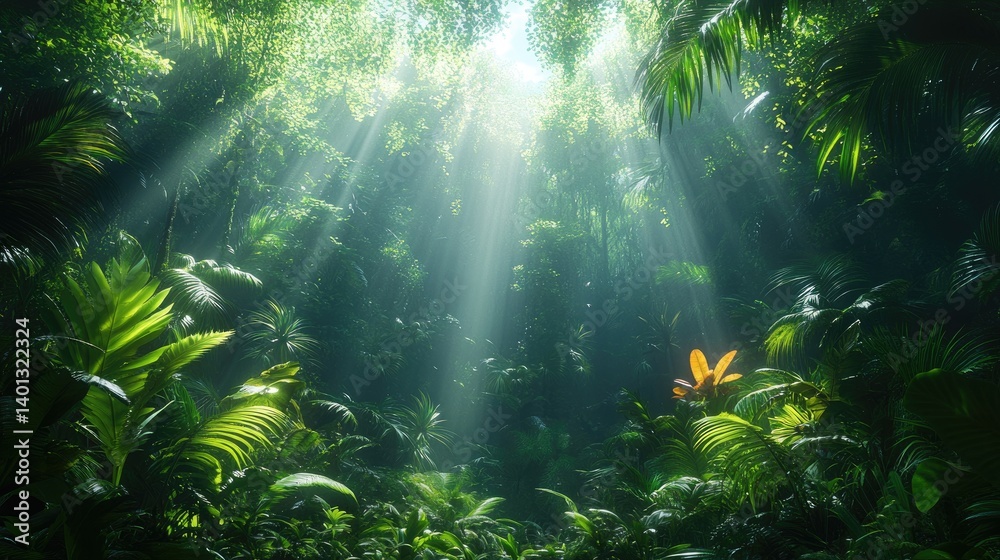 Fototapeta premium Lush rainforest canopy, sunlight filtering through dense foliage