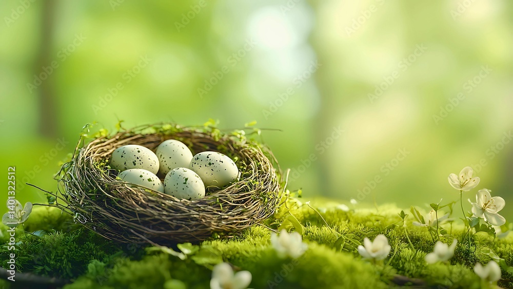 A nest filled with eggs, nestled amidst lush greenery and springtime blossoms A nest filled with eggs, nestled amidst lush greenery and springtime blossoms
