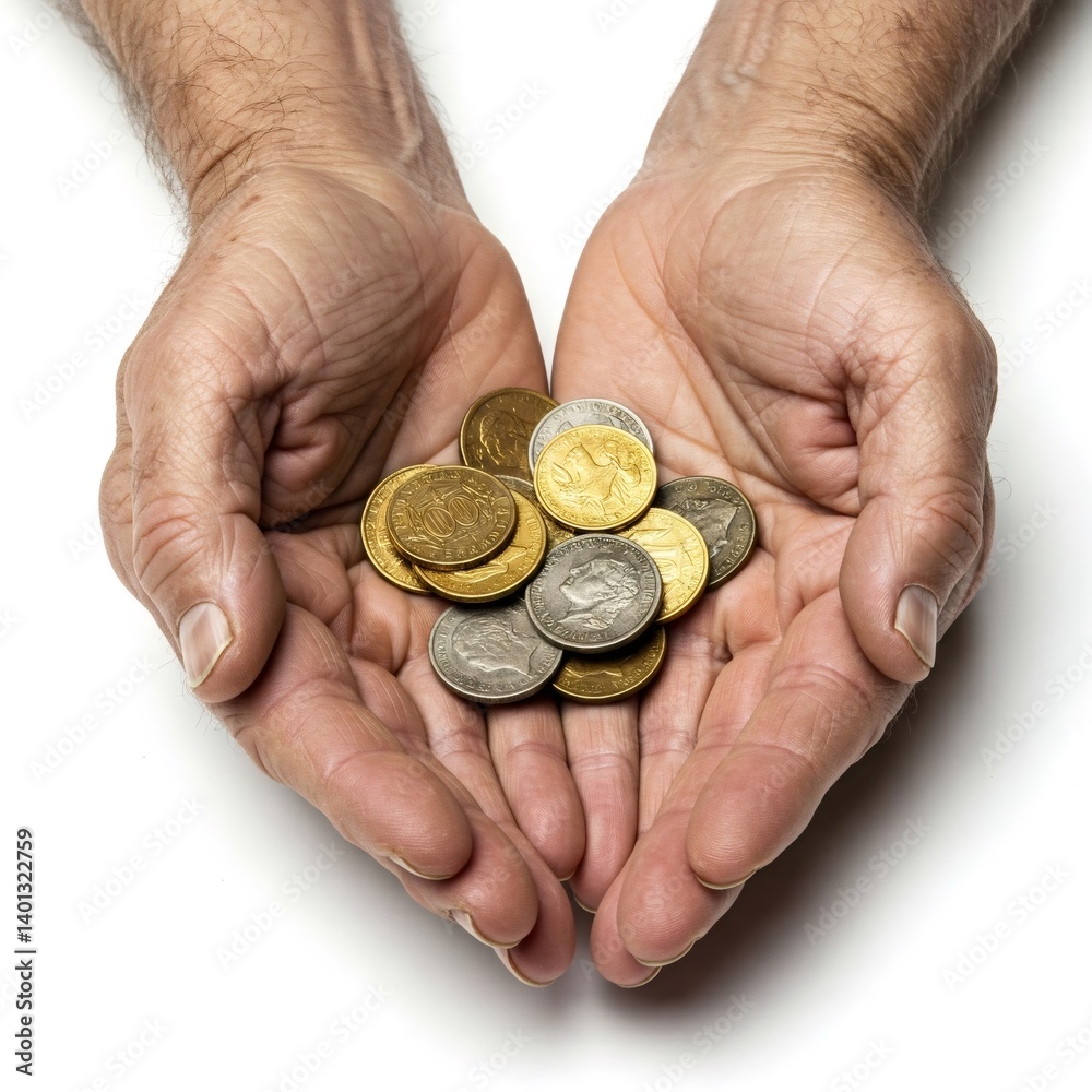 Senior man holding french francs coins in hands Senior man holding french francs coins in hands