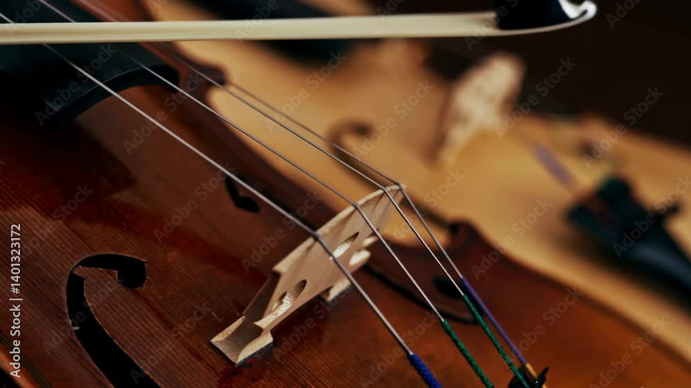 An elegant close-up captures a bow gliding across cello strings, highlighting the instrument's detail and warm wood. Suited for classical music visuals, educational content, or artistic projects. An elegant close-up captures a bow gliding across cello strings, highlighting the instrument's detail and warm wood. Suited for classical music visuals, educational content, or artistic projects.