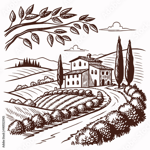 Italian landscape set, vector hand drawn doodle 
