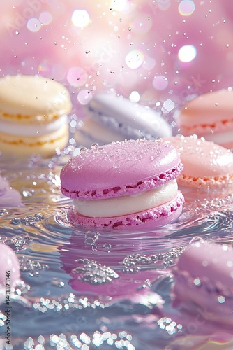   A group of macaroons sits on water near a pile of doughnuts