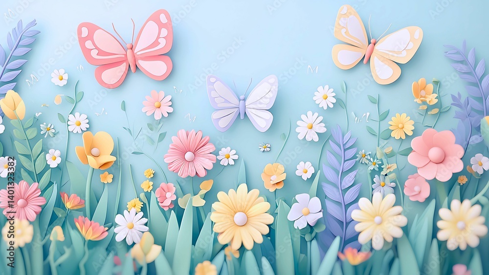 Obraz premium A charming illustration of butterflies fluttering among flowers. The scene is adorned with various paper-cut flowers in pastel hues