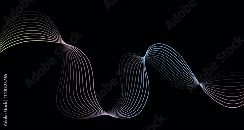 Futuristic geometric abstract shapes neon halftone pulsating wavy lines gradient curved stripes on black background. Modern vector design for equalizer, audio recording, voice assistant.