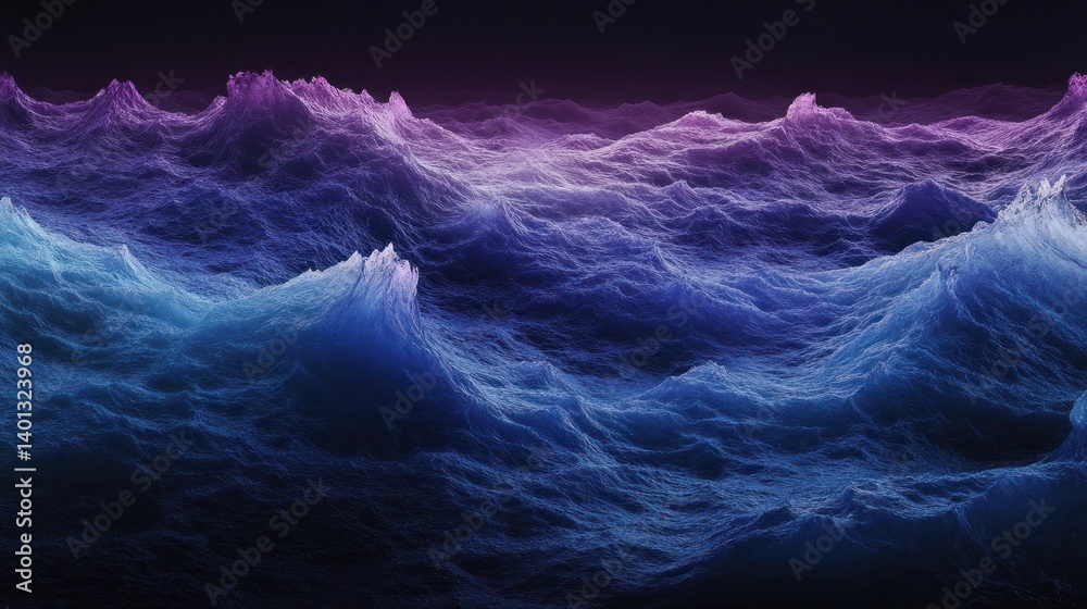 A dramatic gradient of blue and purple waves against a dark backdrop, glowing with a subtle light effect that adds depth.
