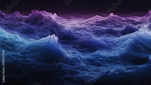 Obraz na płótnie A dramatic gradient of blue and purple waves against a dark backdrop, glowing with a subtle light effect that adds depth. w salonie