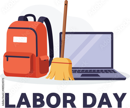 Labor Day themed illustration featuring a backpack, broom, and laptop in flat vector art