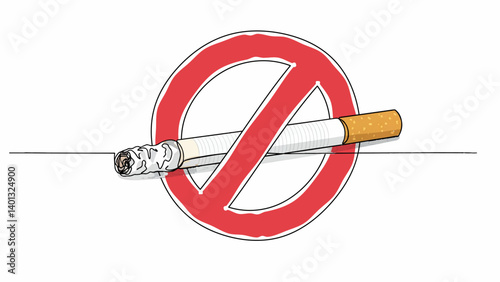 No smoking sign continuous single line drawing art template where a prohibited sign is on the cigarette. Non-smoking area. Smoking is injurious for health. 
